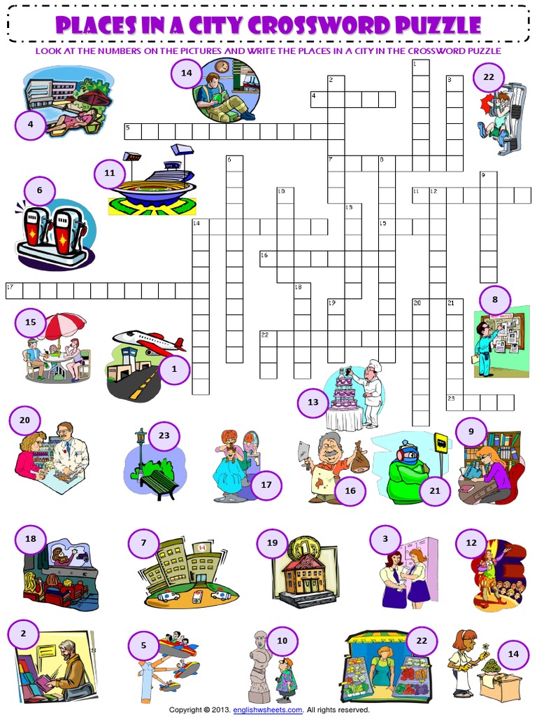 Places in A City Crossword Criss Cross Puzzle Vocabulary Worksheet PDF