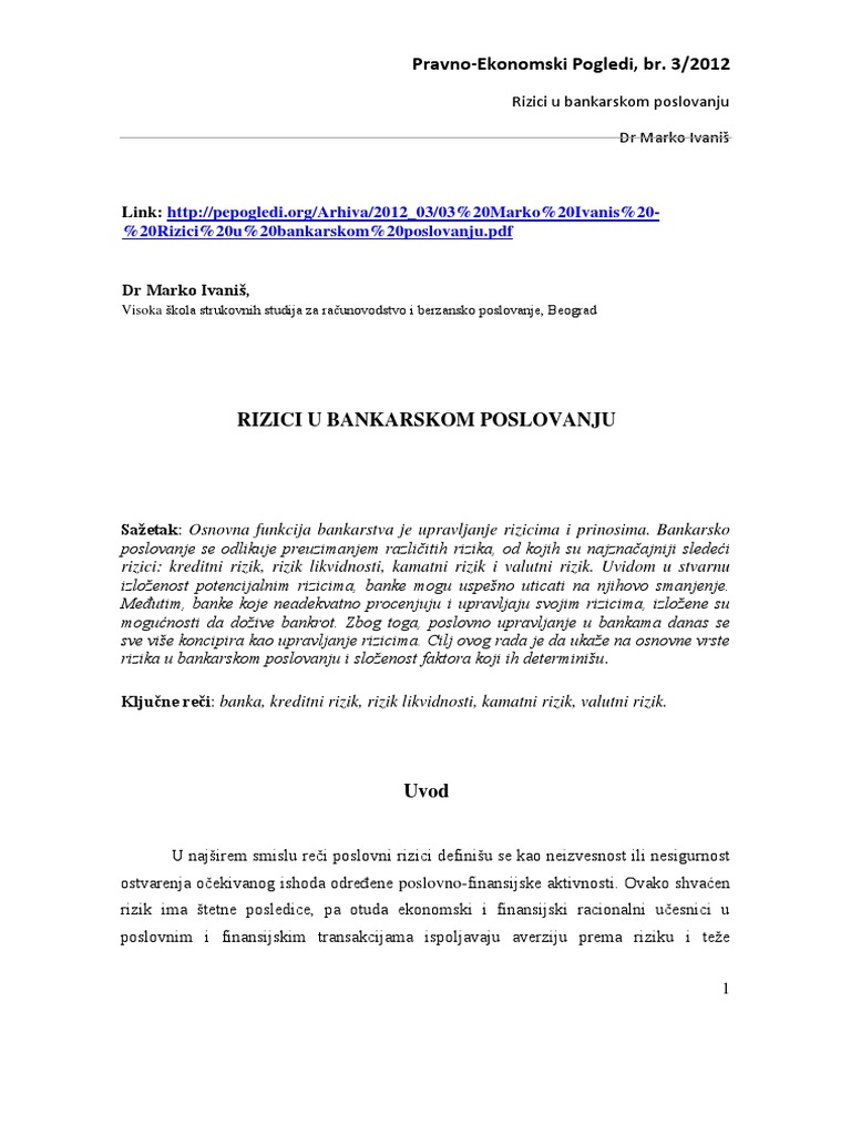 Rizici U Bankarskom Poslovanju | PDF