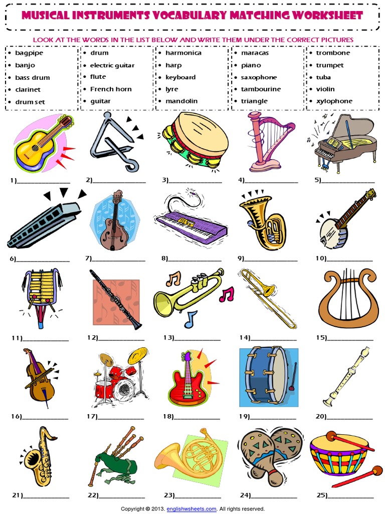 musical instruments vocabulary matching exercise worksheet pdf