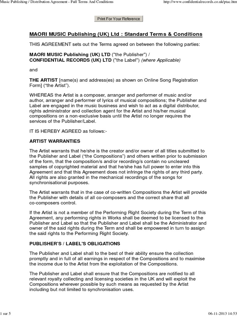 Music Publishing - Distribution Agreement - Full Terms and 