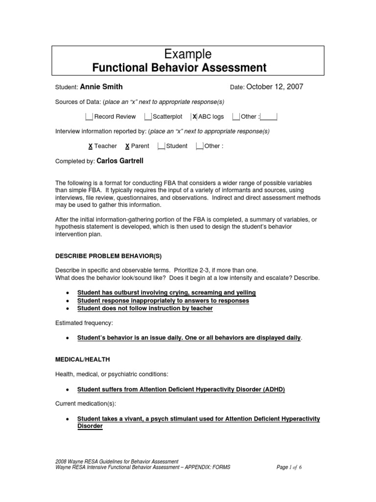 Fba Example | PDF | Attention Deficit Hyperactivity Disorder | Mental ...