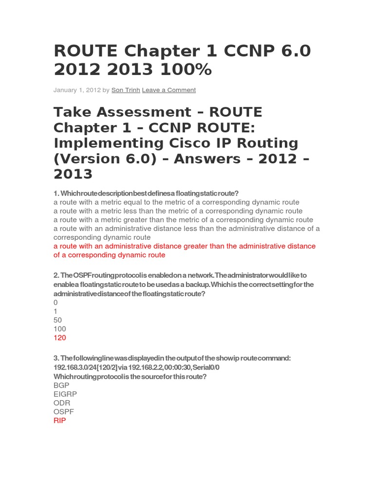 CCNP ROUTE Exam: Chapter 1 Overview | PDF | Computer Network | Media ...
