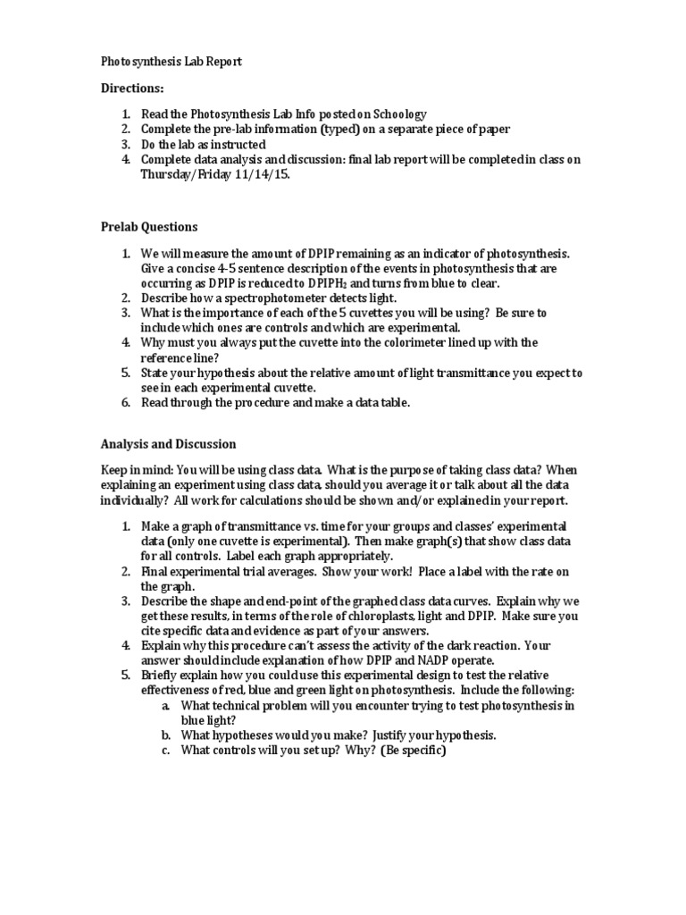 biology lab report photosynthesis