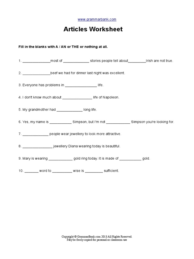 Articles Worksheet Pdf