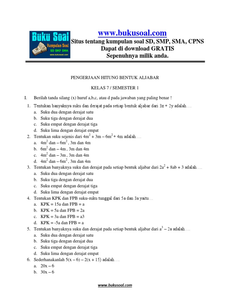 3 Latihan Soal Matematika Aljabar Smp Kelas 7