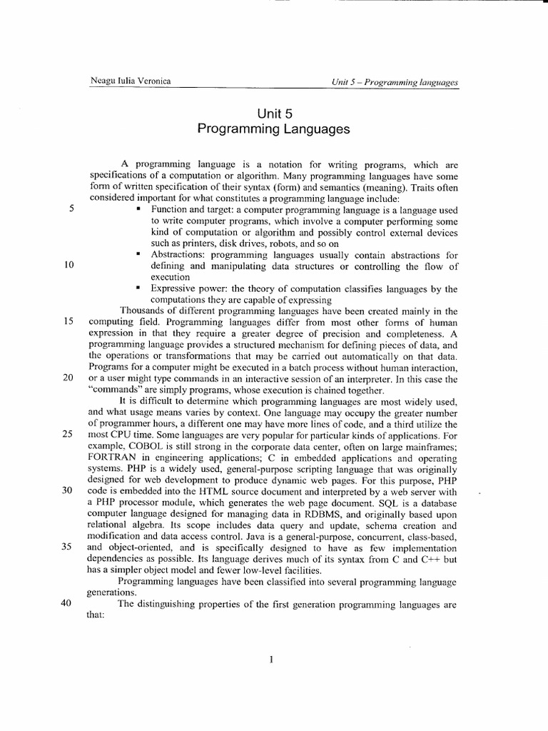 UNIT 5 - Programming Languages | PDF | Programming Language | C ...