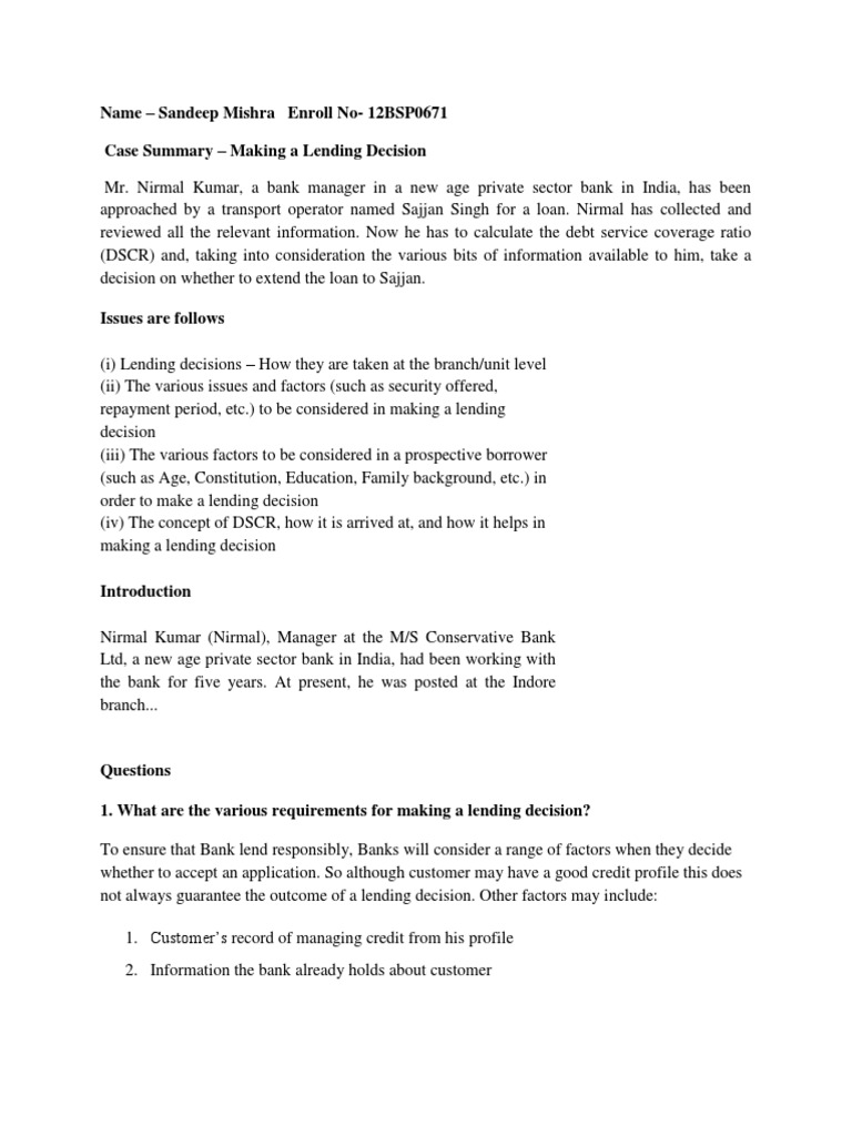 Making A Lending Decision Pdf Debtor Loans