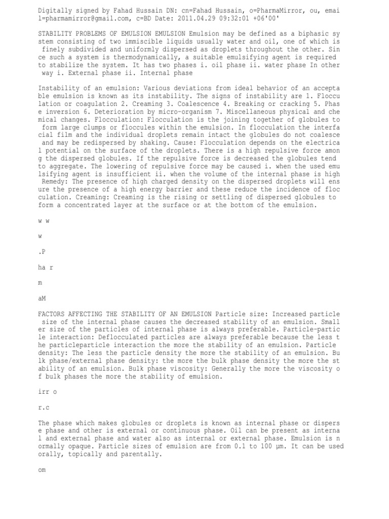 Stability Problems of Emulsion and Suspension PDF Emulsion