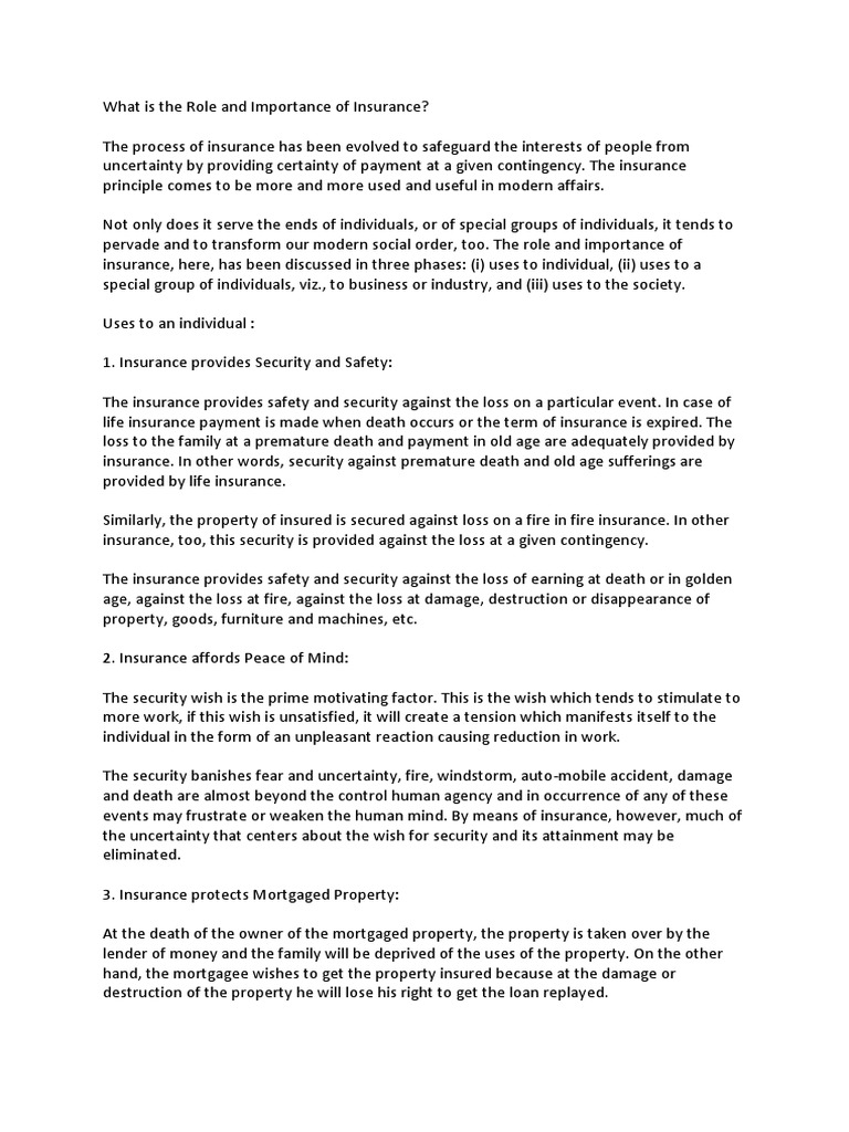 Role and Importance of Insurance Explained | PDF | Insurance | Loans