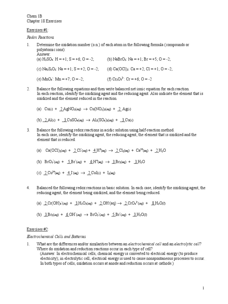 Chem 1B Chapter 18 Exercises With Answers PDF Redox Electrochemistry