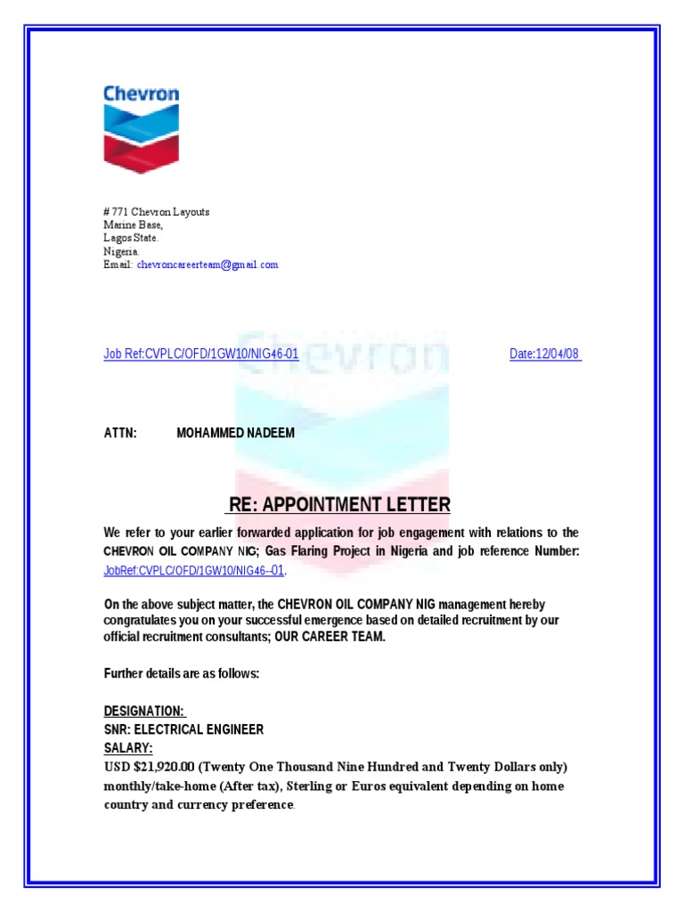 Chevron Oil Company Appointment Letter Business