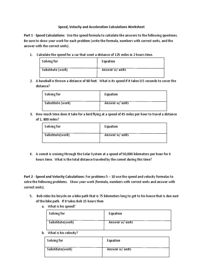 Speed, Velocity and Acceleration Calculations  PDF  Speed  Velocity Throughout Velocity And Acceleration Worksheet