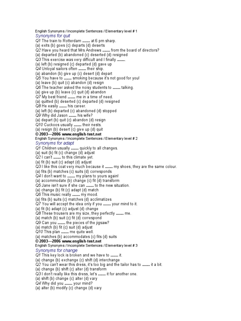 Synonyms For Quit English Synonyms / Sentences / Elementary