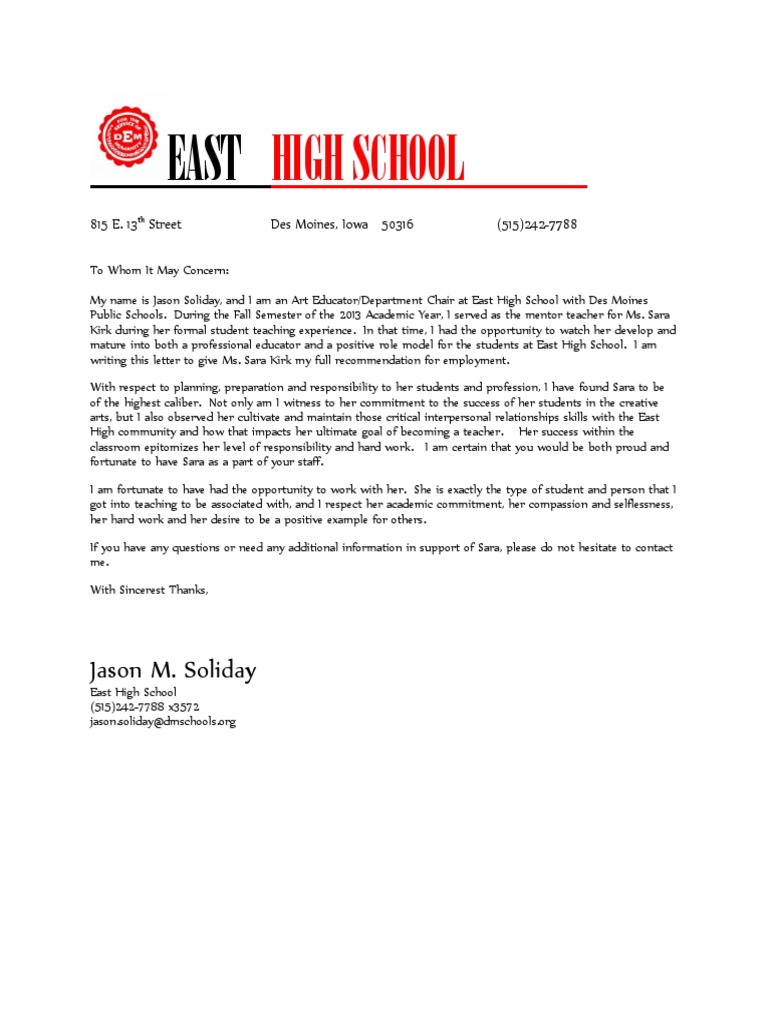 High School Letter of Recommendation PDF