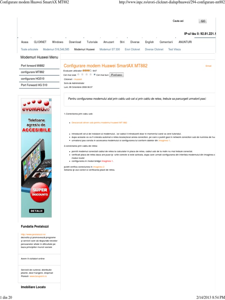 Configurare Modem Huawei SmartAX MT882 | PDF