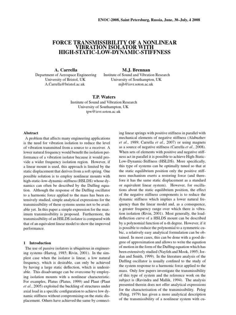 Force Transmissibility of A Nonlinear Vibration Isolator With High ...