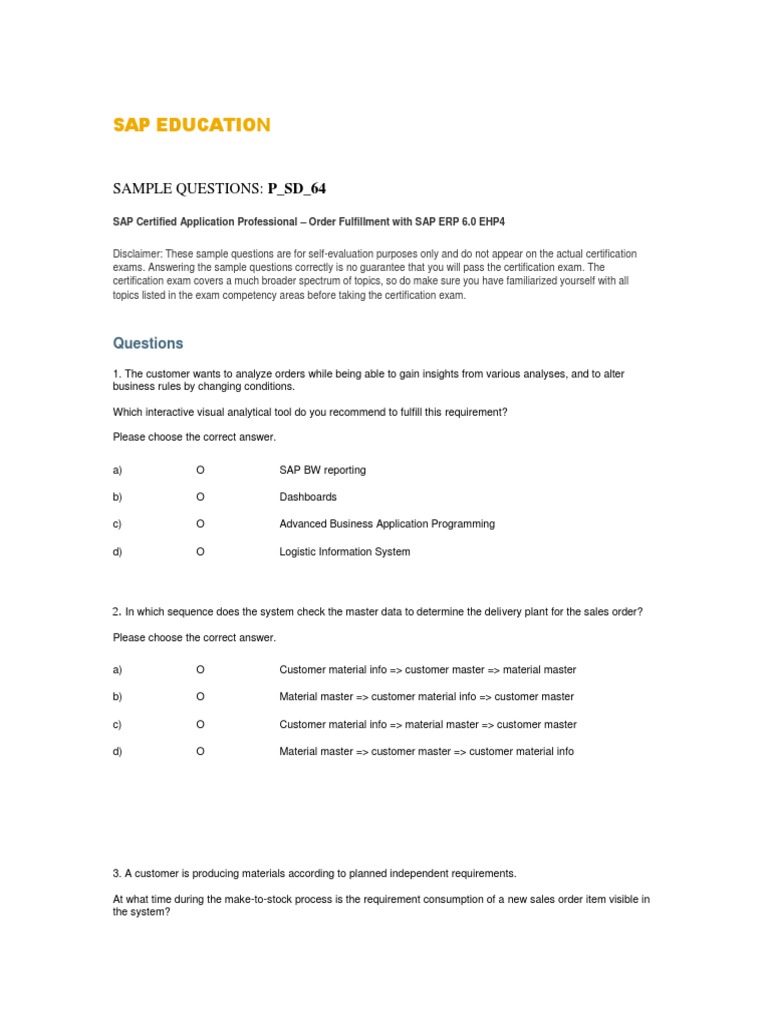 P SD 64 Sample Questions at Jan 2010 | PDF | Invoice | Customer ...