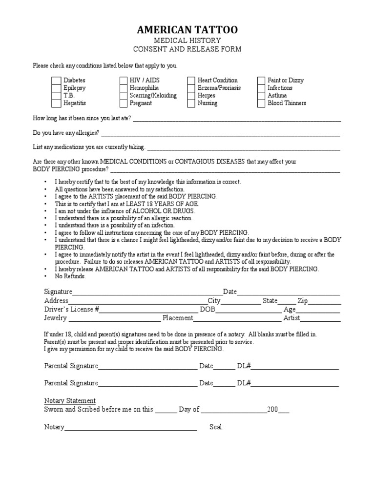 Tattoo and Body Piercing Consent Form | PDF | Tattoo | Infection