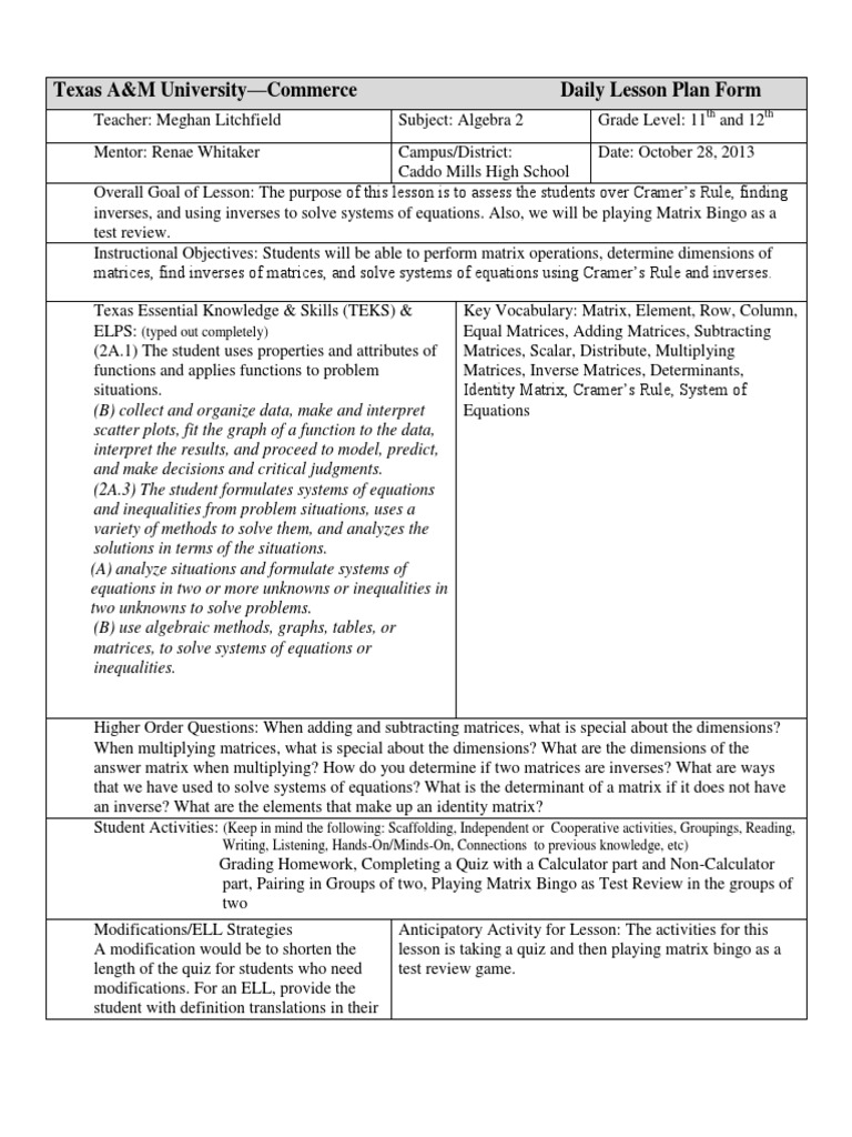 lesson plan 10-28 | Matrix (Mathematics) | Inequality (Mathematics)