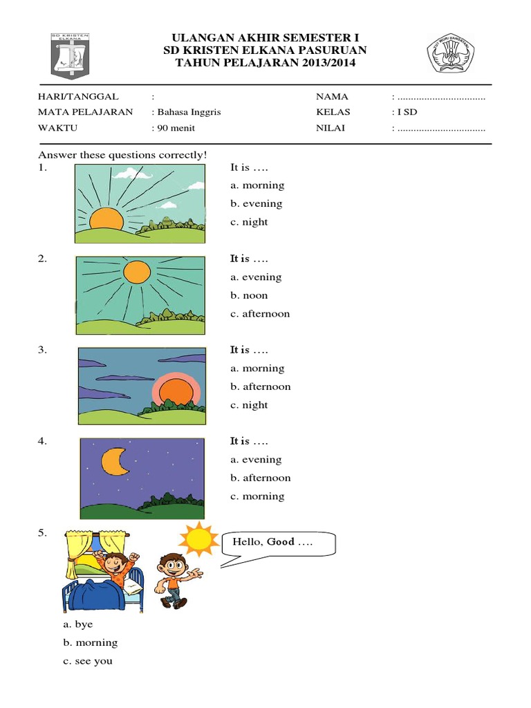 Soal Bahasa Inggris Kelas 1 Sd