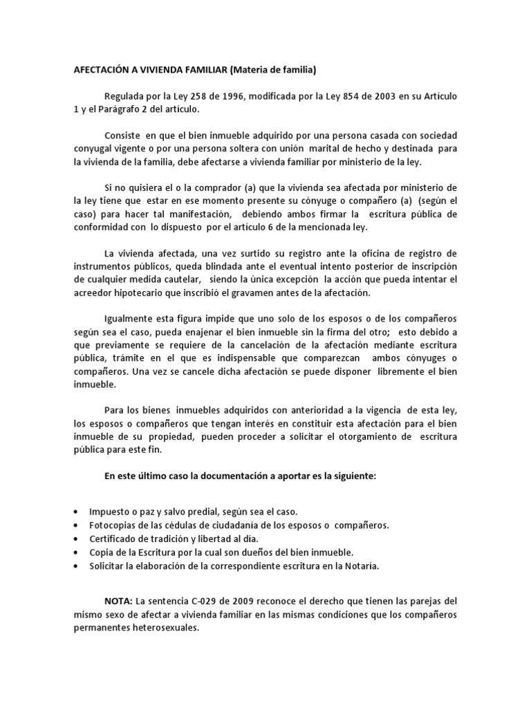 Ley 258 de 1996: Afectación Vivienda Familiar | PDF | Propiedad de la ...