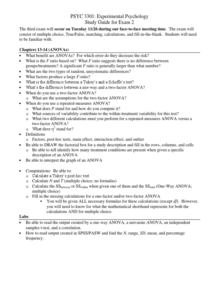 Psyc 3301: Experimental Psychology Study Guide For Exam 2: Chapters 13 ...