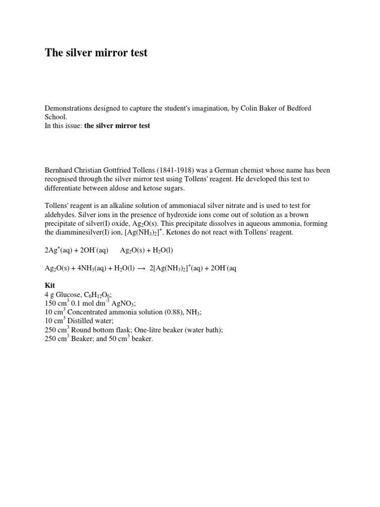 Silver Mirror Test PDF Molecules Sets Of Chemical Elements