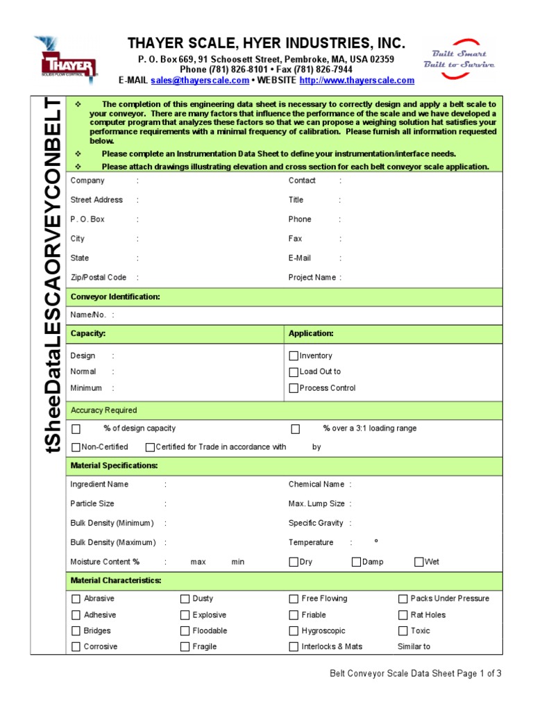 Belt Conveyor Scale DataSheet PDF Belt (Mechanical) Instrumentation