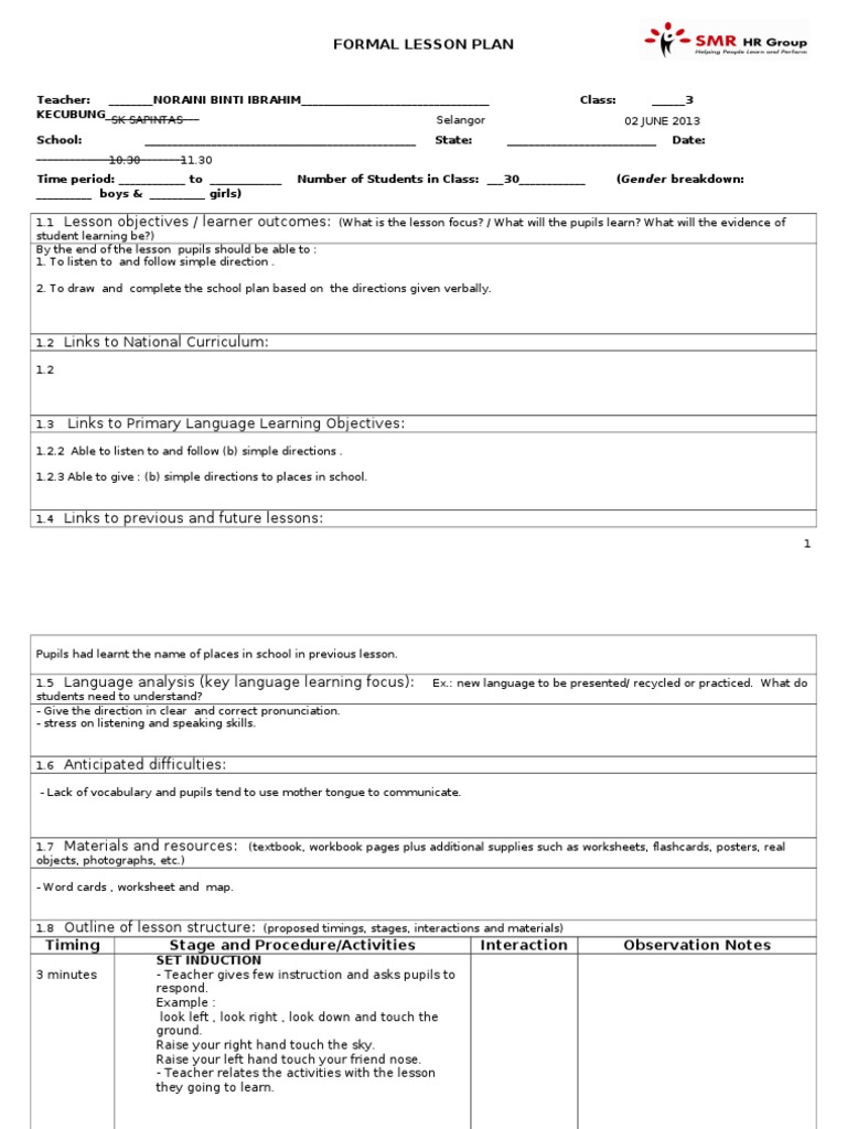 Formal Lesson Plan: Lesson Objectives / Learner Outcomes | PDF | Lesson ...