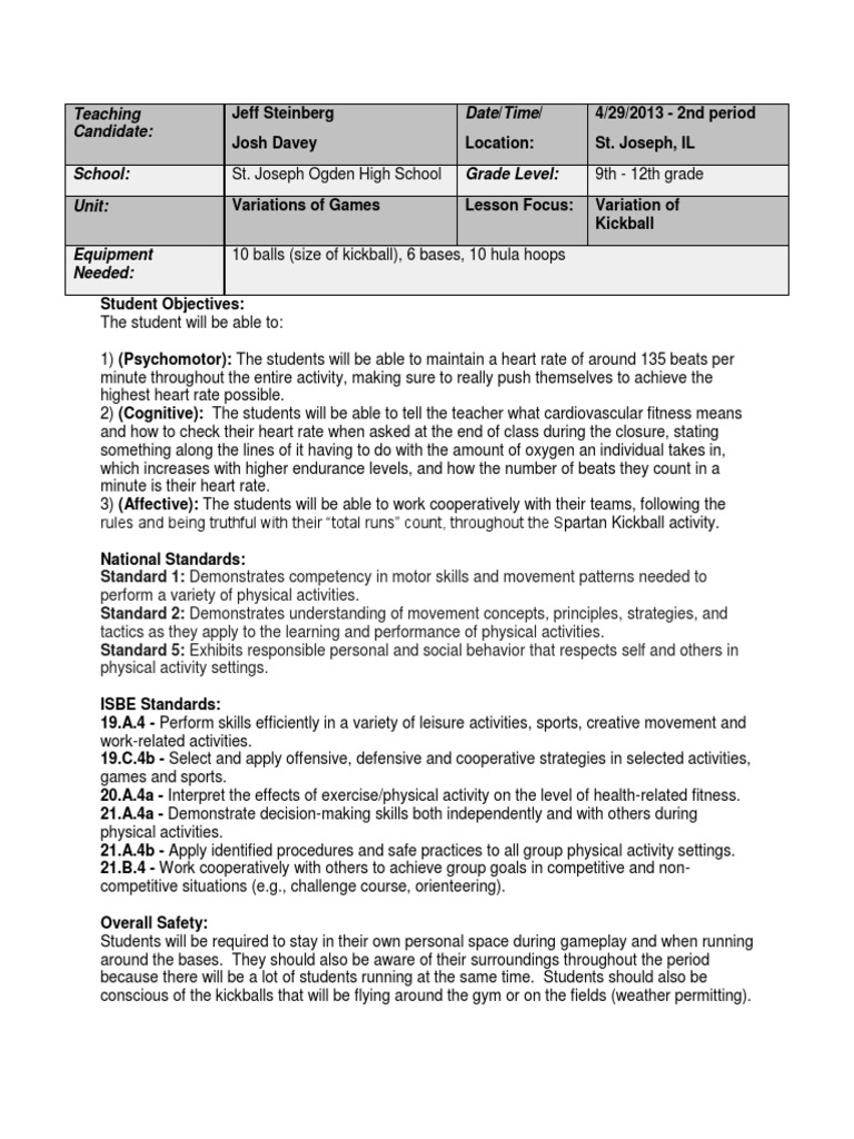 Variation of Kickball Lesson Plan | PDF | Psychological Concepts ...