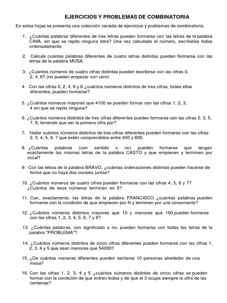 Ejercicios de Combinatoria y Palabras | PDF | Artes del Lenguaje y ...