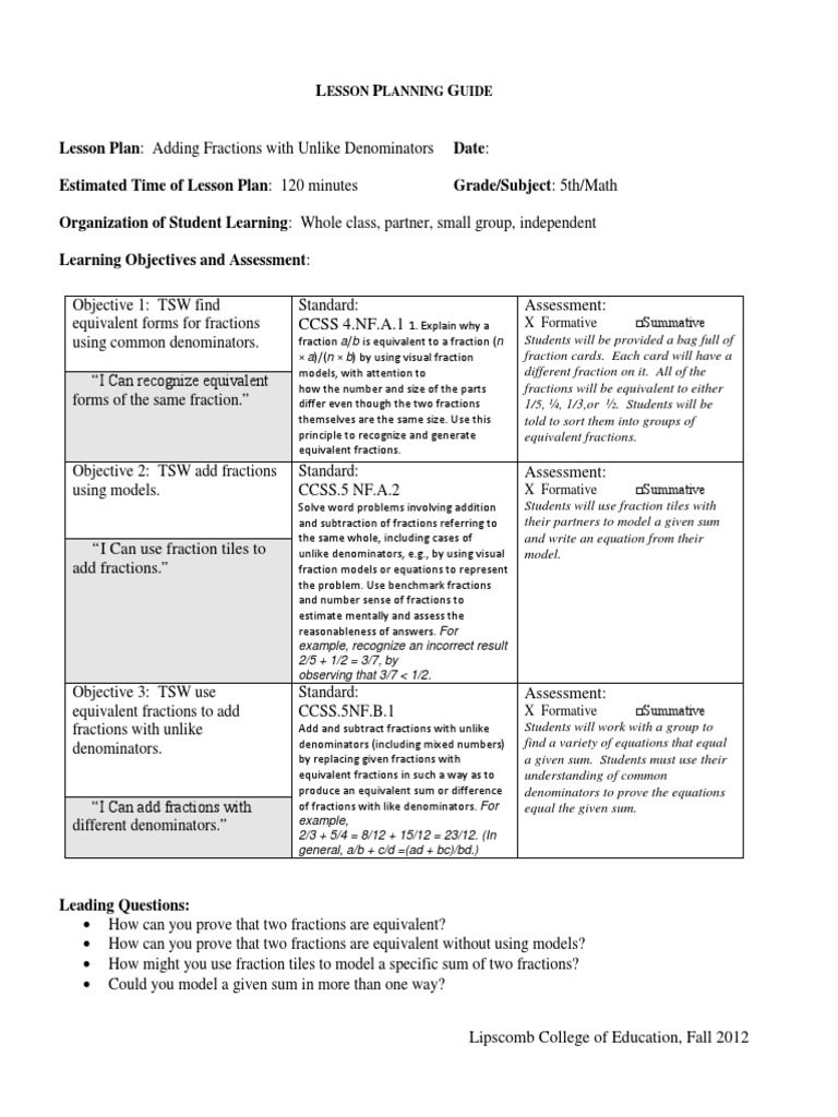 adding fractions lesson plan | Fraction (Mathematics) | Learning