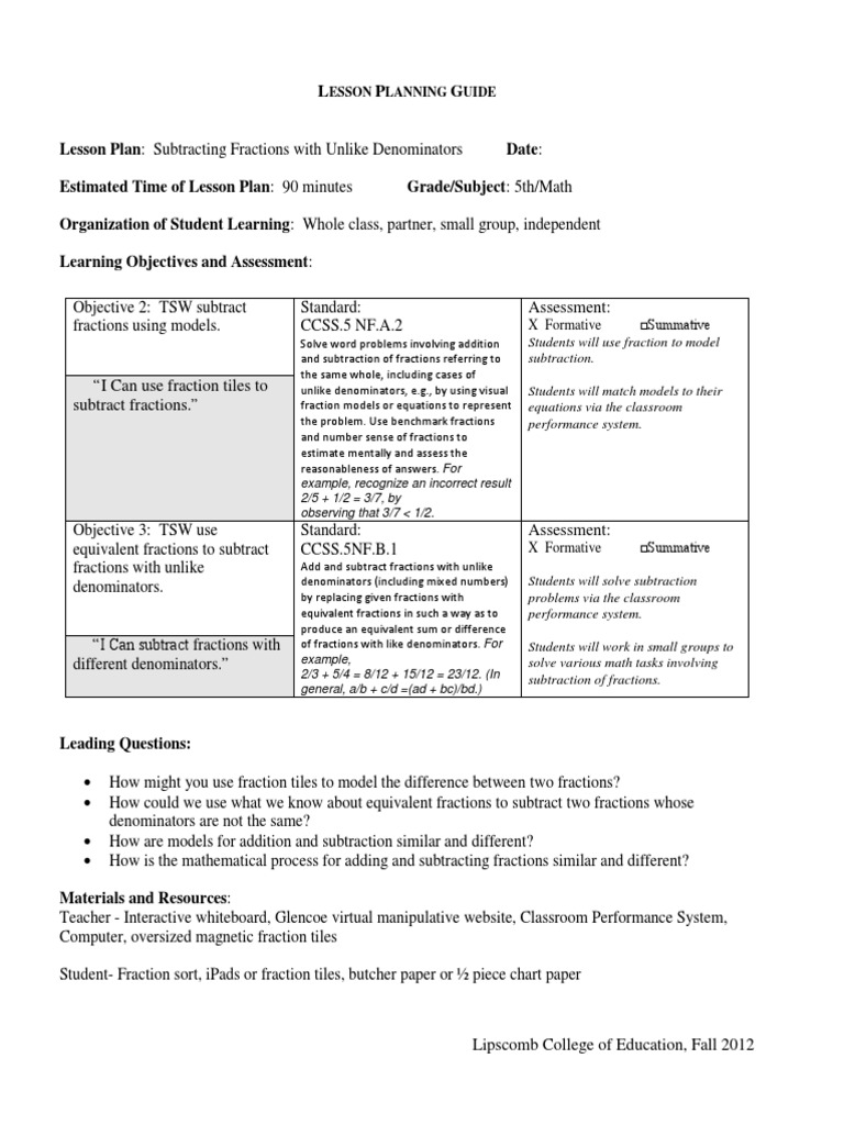 Subtracting Fractions Lesson Plan | Pdf | Fraction (Mathematics) | Subtraction