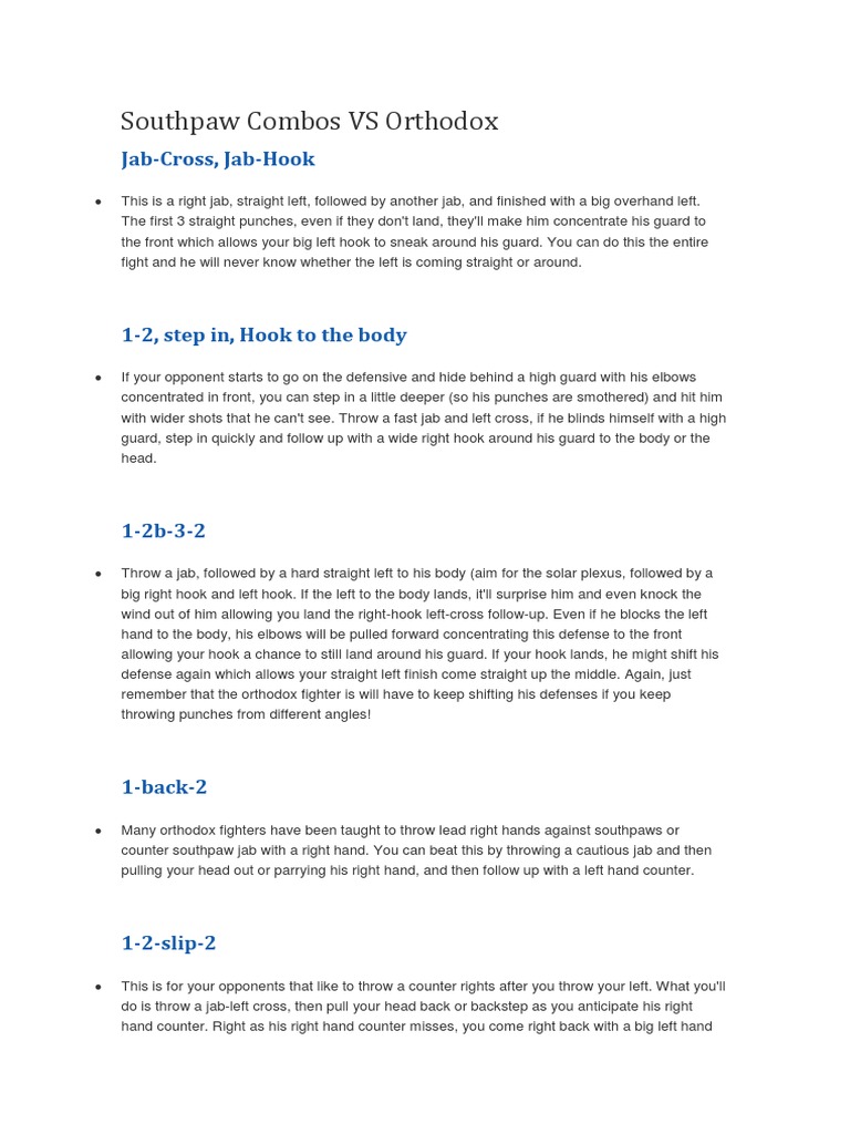 BOXING TECHNIQUES Southpaw Combos Vs Orthodox PDF Combat Sports