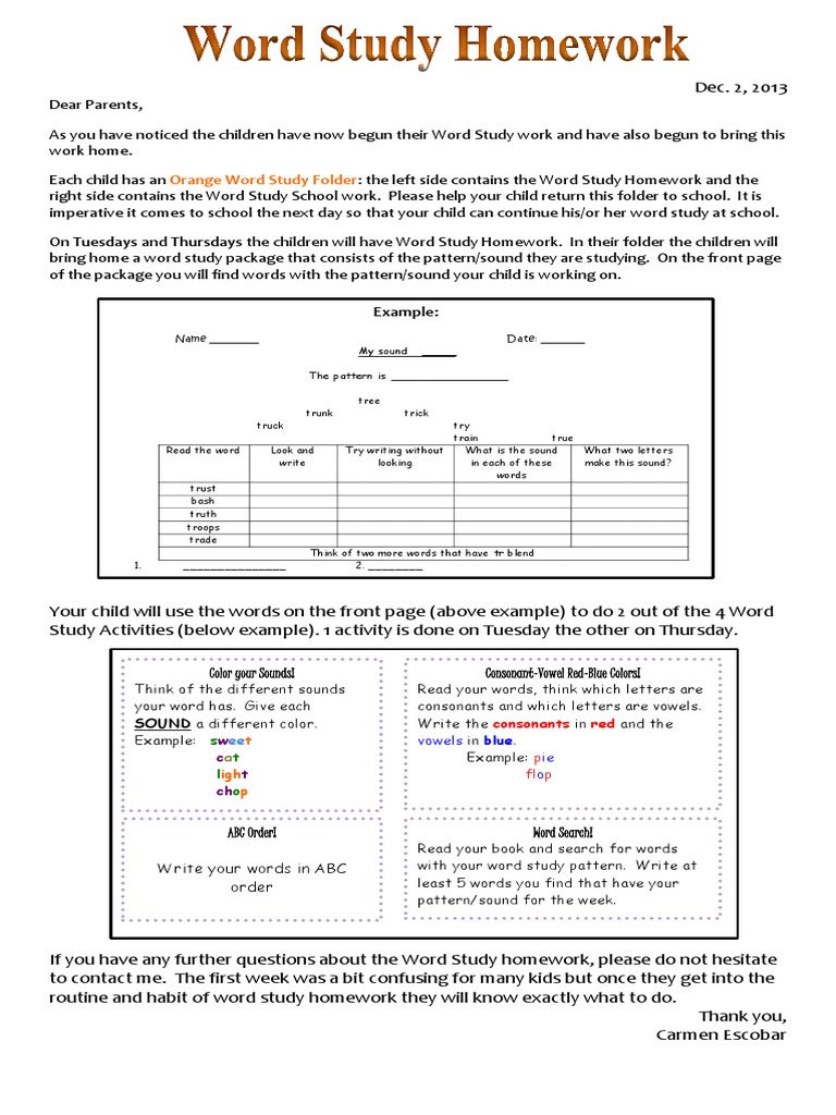 Word Study Homework Guide | PDF
