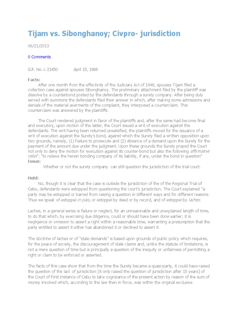 Tijam Vs Sibunghanoy PDF Estoppel Laches (Equity)