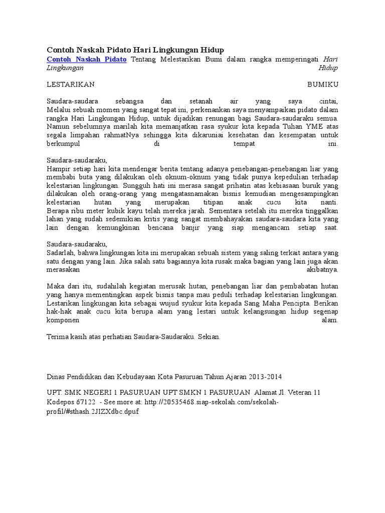 Contoh Naskah Pidato Hari Lingkungan Hidup