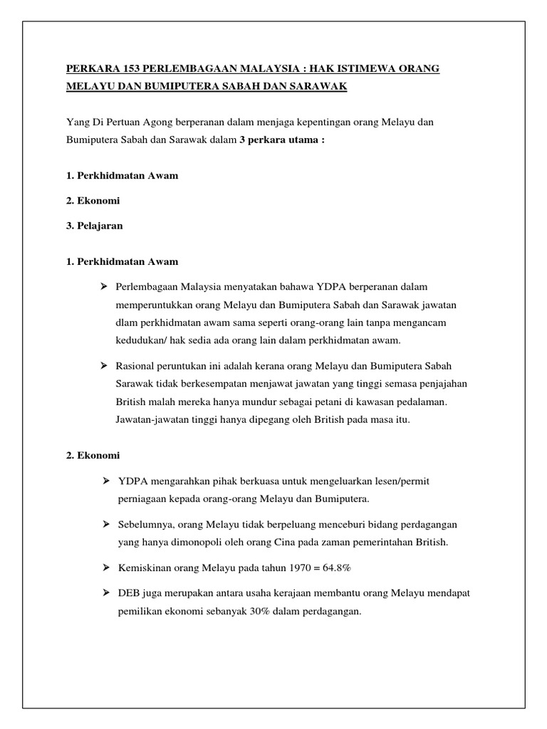 Perkara 153 Perlembagaan Malaysia Hak Hak Istimewa Orang Melayu Sabah Sarawak Pdf