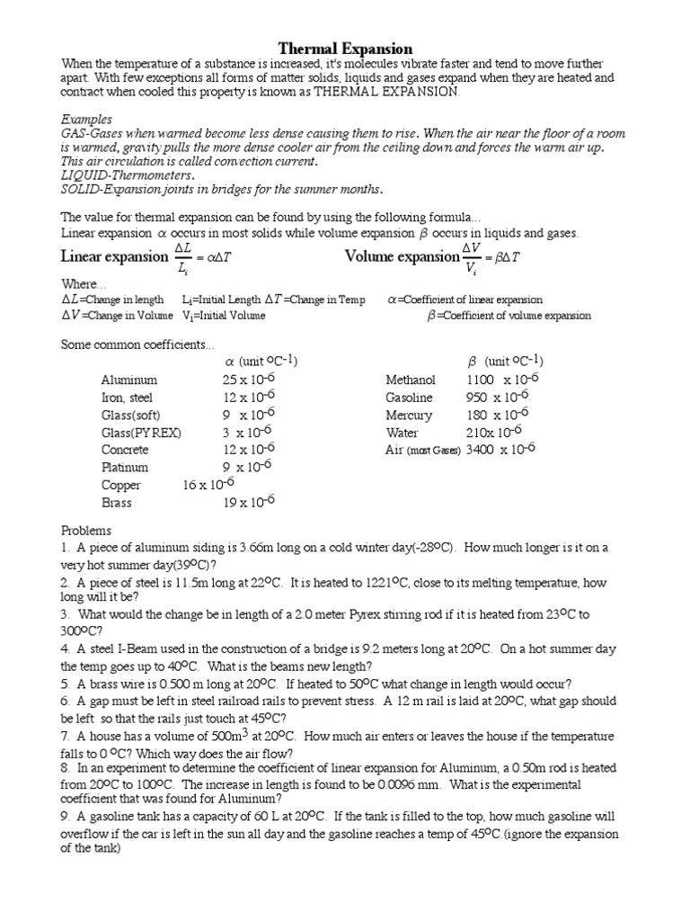 Thermal Expansion Linear Expansion Volume Expansion | PDF | Thermal ...