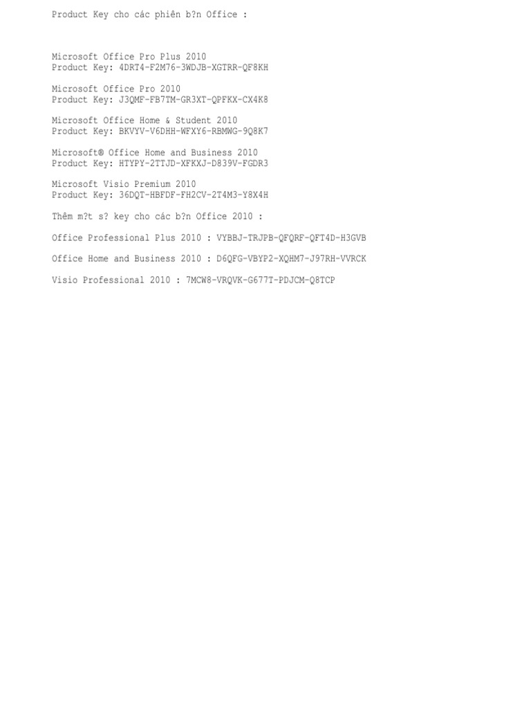 Product Key Cho Cac Phien Bản Office