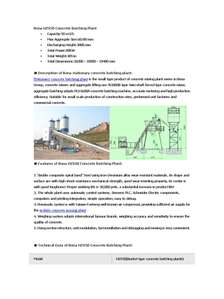 Bona HZS50 Stationary Batching Plant | PDF | Concrete | Industries