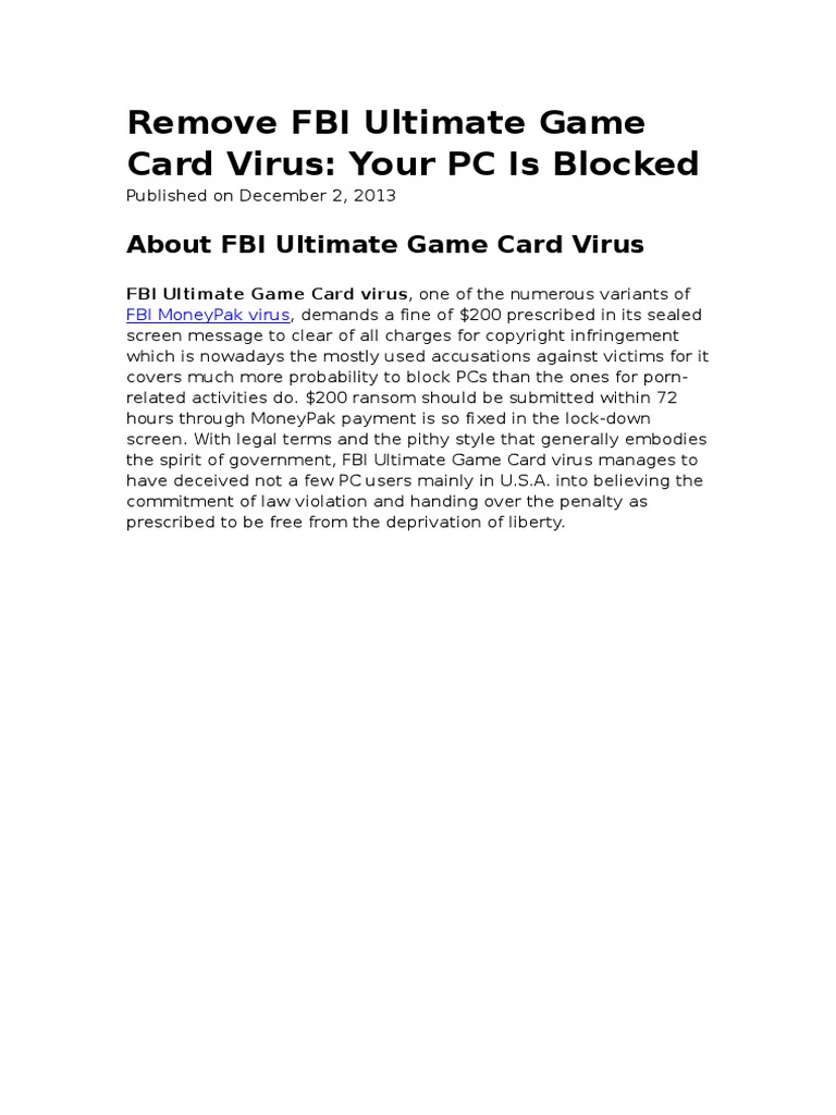 Remove FBI Ultimate Game Card Virus Your PC Is Blocked | PDF | Utility ...