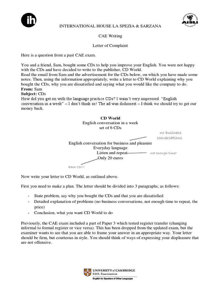 CAE Letter of Complaint Guide | PDF | Test (Assessment) | Communication
