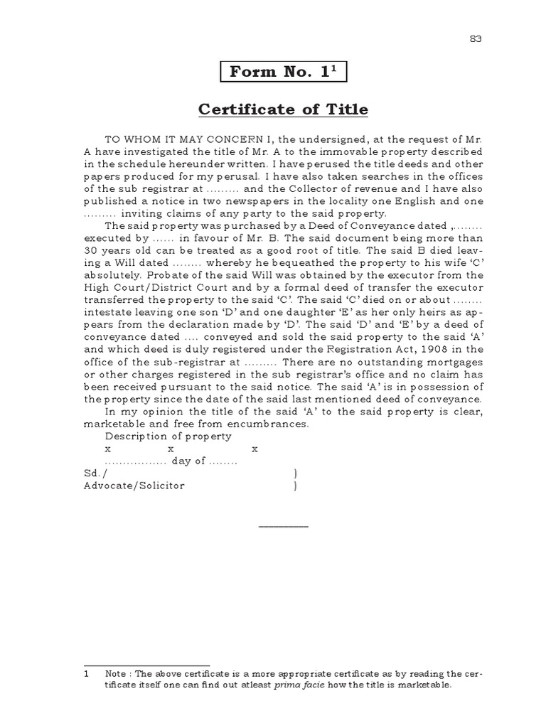 Form No. 1 Certificate of Title | PDF