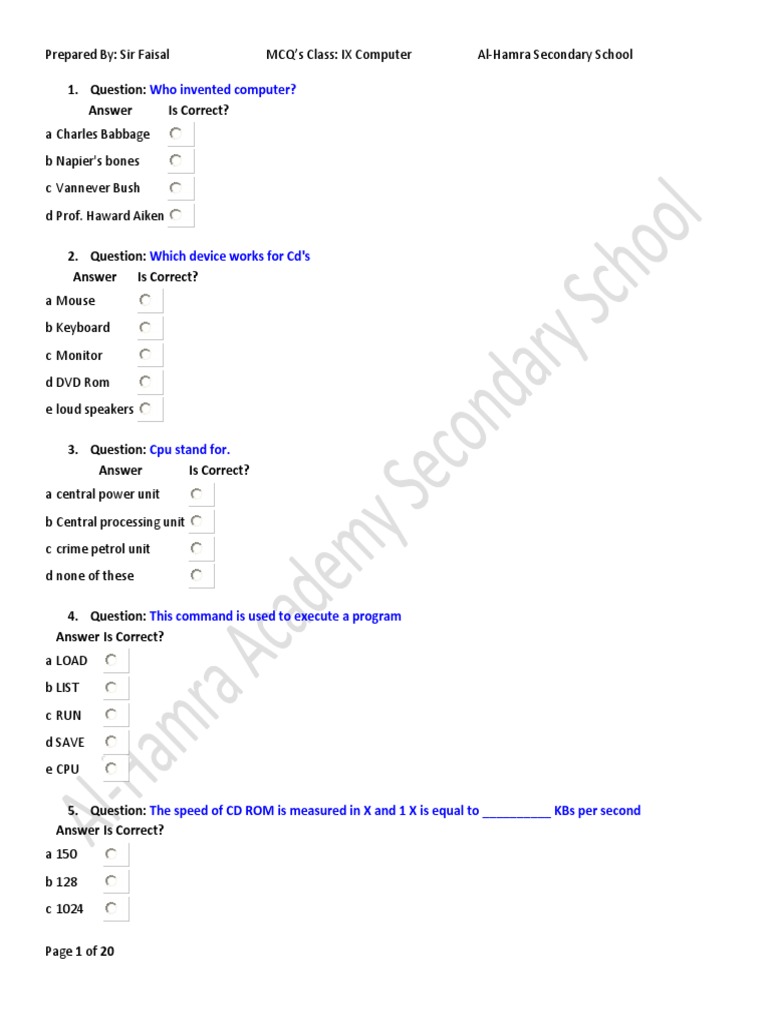 MCQ for 9th Class Computer Data Storage Random Access Memory