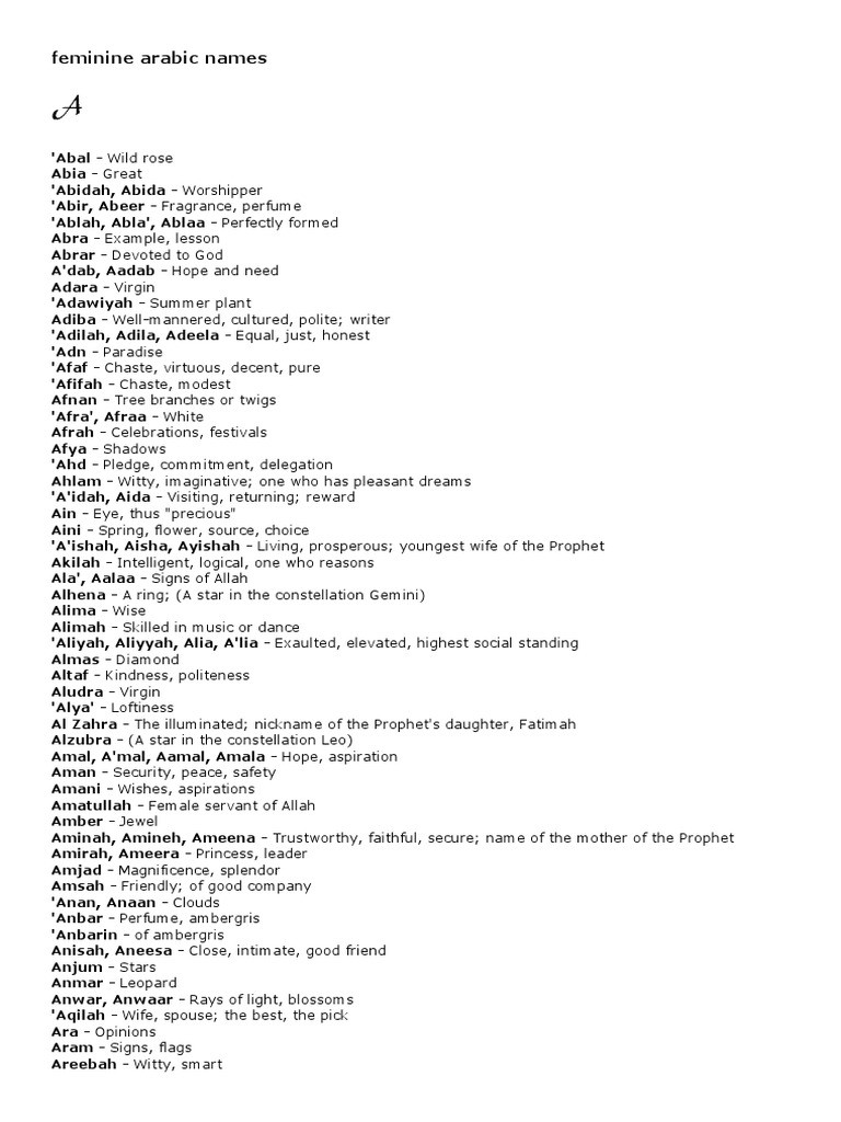 Arabic Names for Muslim Girls | PDF