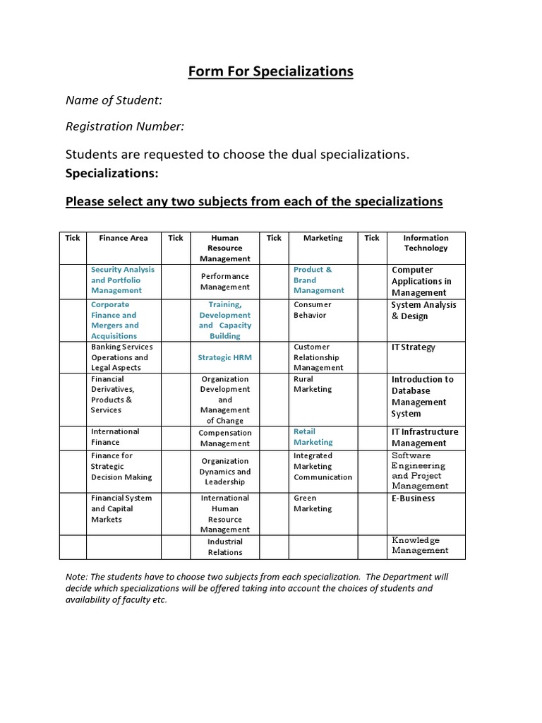 Form For Specializations Students Are Requested To Choose The Dual Specializations PDF