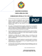 Comunicado Oficial #011-Fap - 2013: Ministerio de Defensa Fuerza Aérea Del Perú