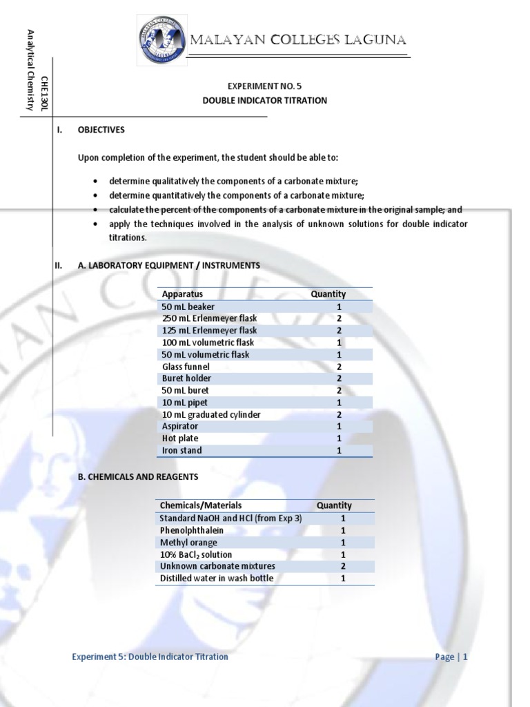 Experiment 5 Double Indicator Titration Titration Chemistry