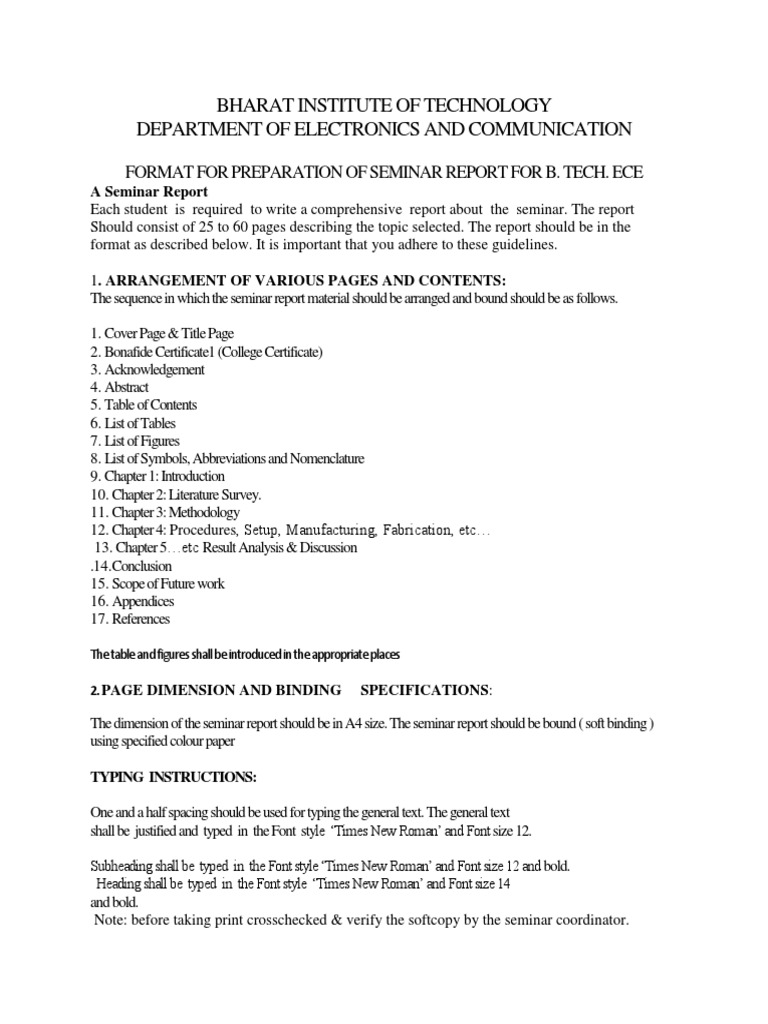 Format For Preparation of Seminar Report For B  PDF  Typefaces